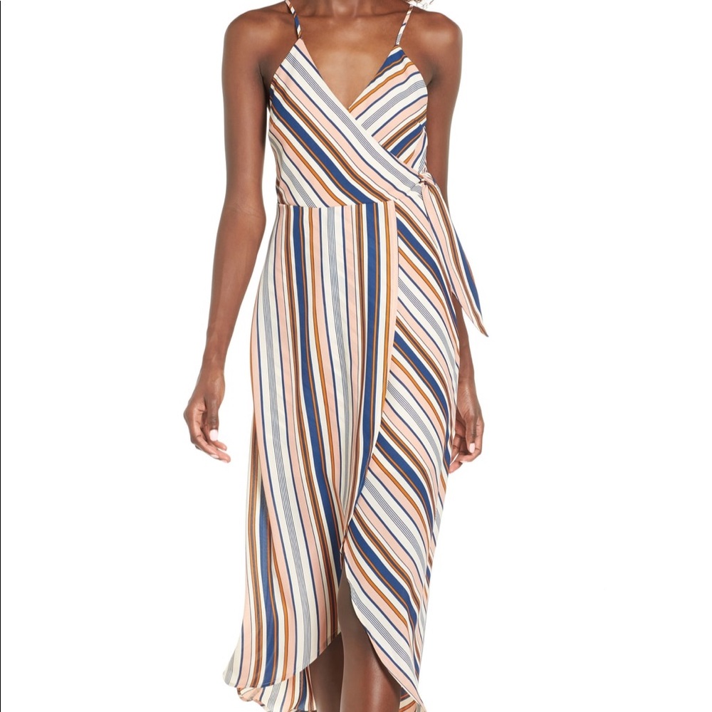 Striped faux wrap midi dress